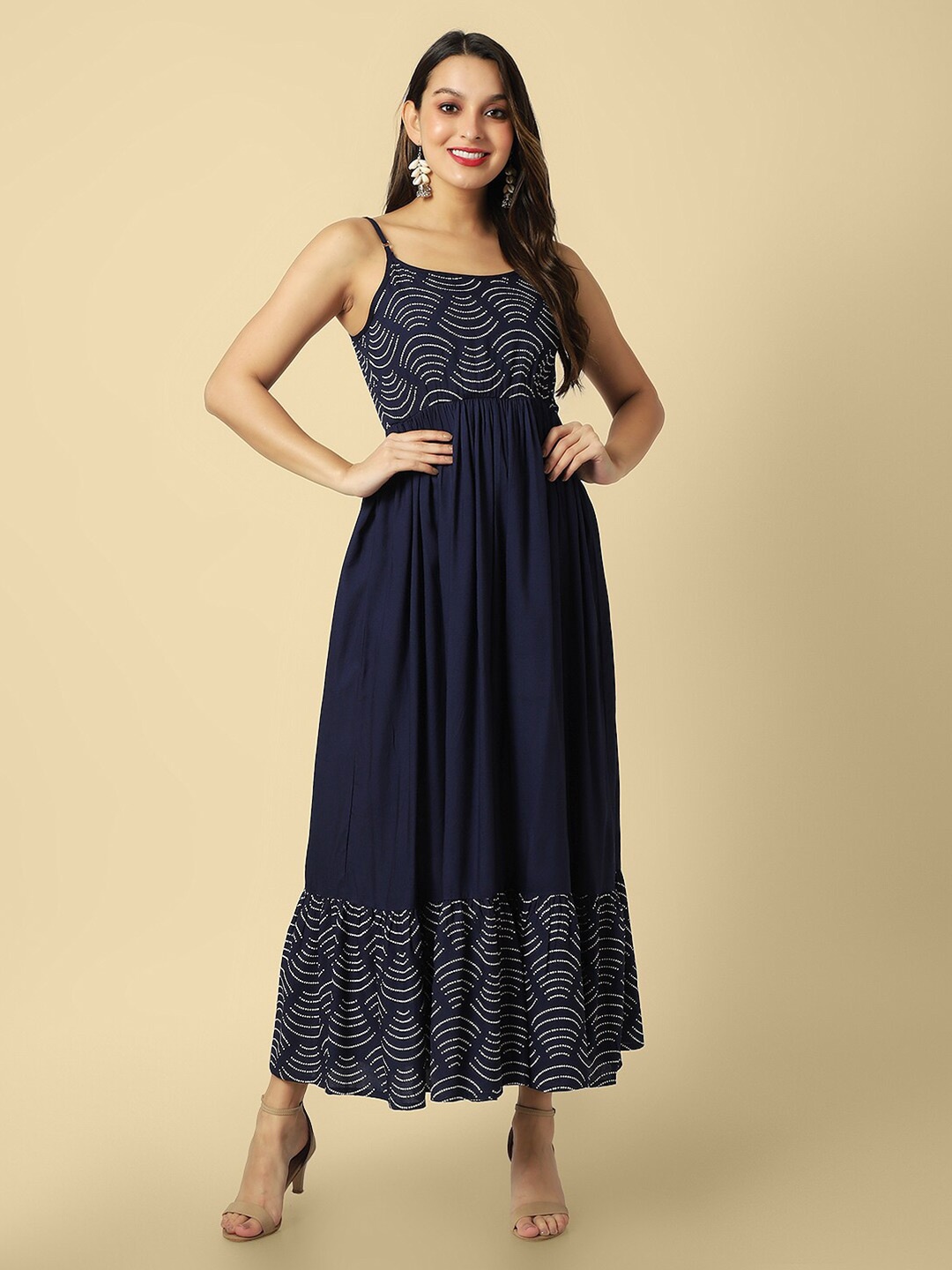 

DAEVISH Geometric Printed Shoulder Straps Fit & Flared Maxi Dress, Blue