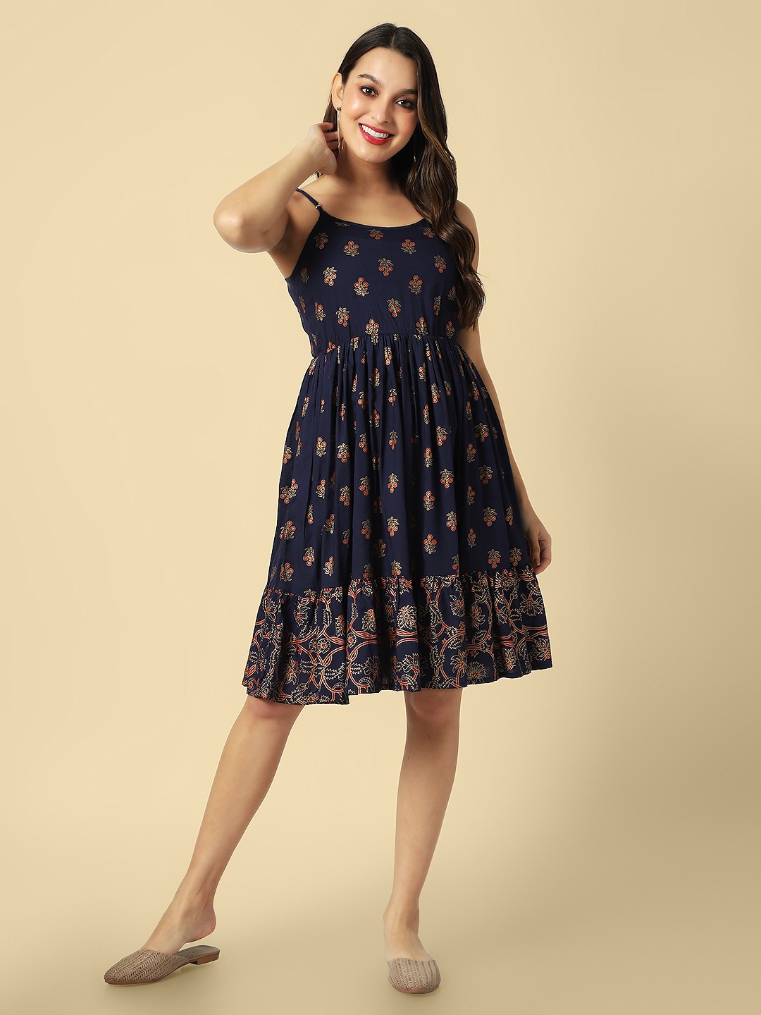 

DAEVISH Floral Printed Gathered Dress, Navy blue