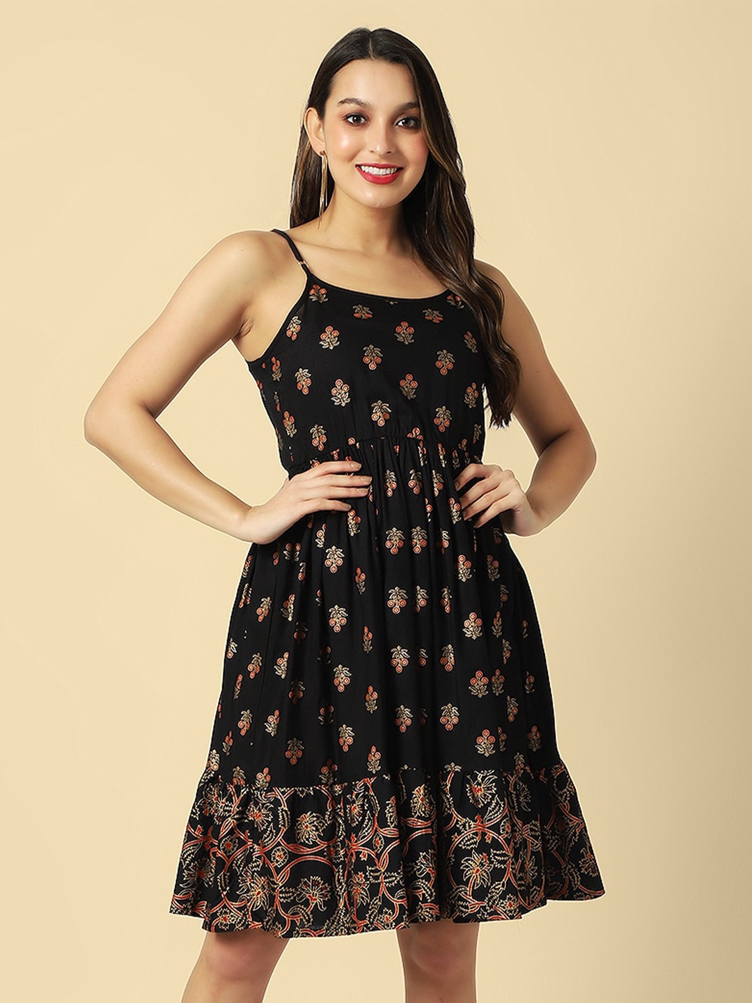 

DAEVISH Floral Print Fit & Flare Dress, Black