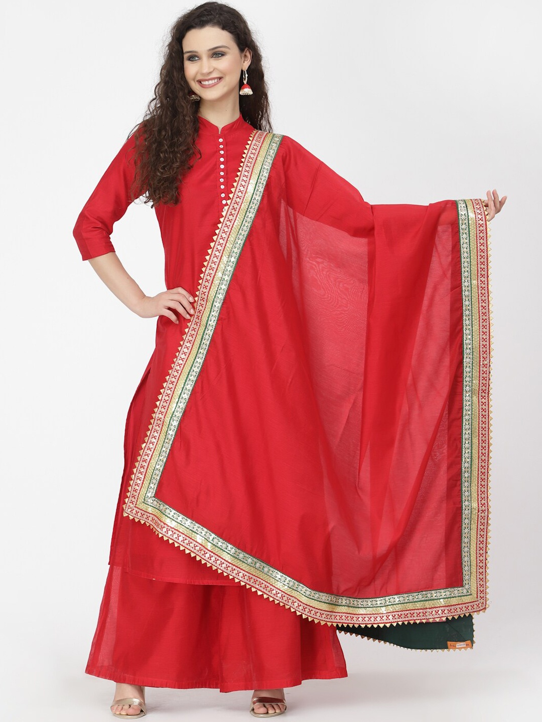 

Desi Weavess Chanderi Mandarin Collar Straight Kurta With Palazzos & Dupatta, Red