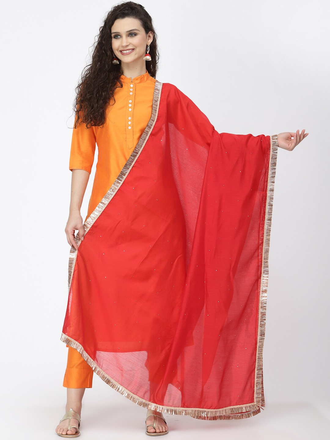 

Desi Weavess Chanderi Mandarin Collar Straight Kurta With Trousers & Dupatta, Orange