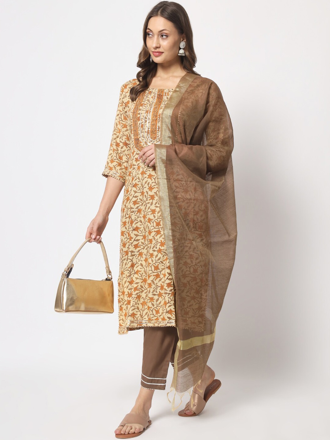 

Mishpra Floral Printed Gotta Patti Kurta with Trousers & Dupatta, Beige