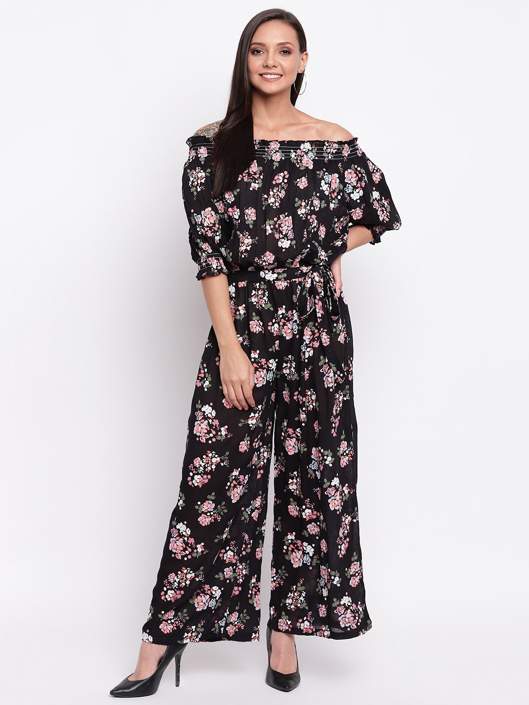 

Mayra Floral Printed Off-Shoulder Basic Jumpsuit, Black