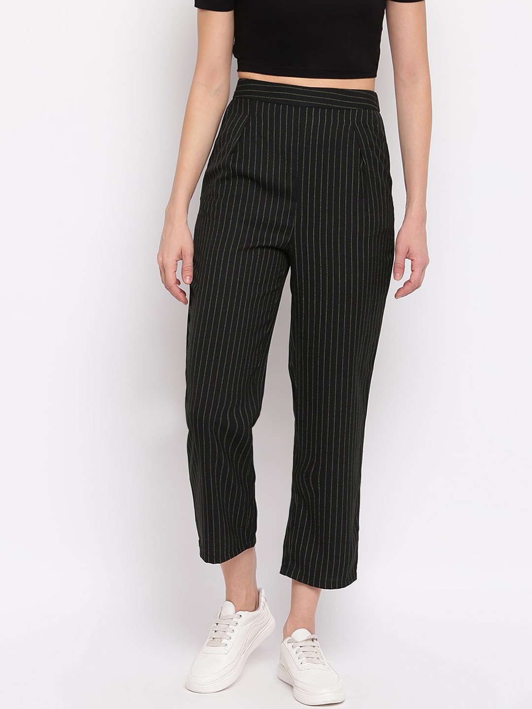 

Mayra Women Striped Flat front Regular Fit Trousers, Black