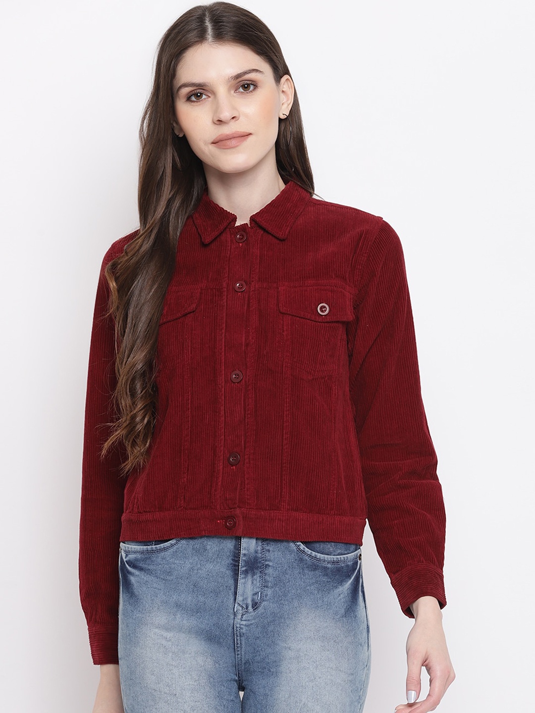 Mayra Women Spread Collar Corduroy Denim Jacket, Maroon