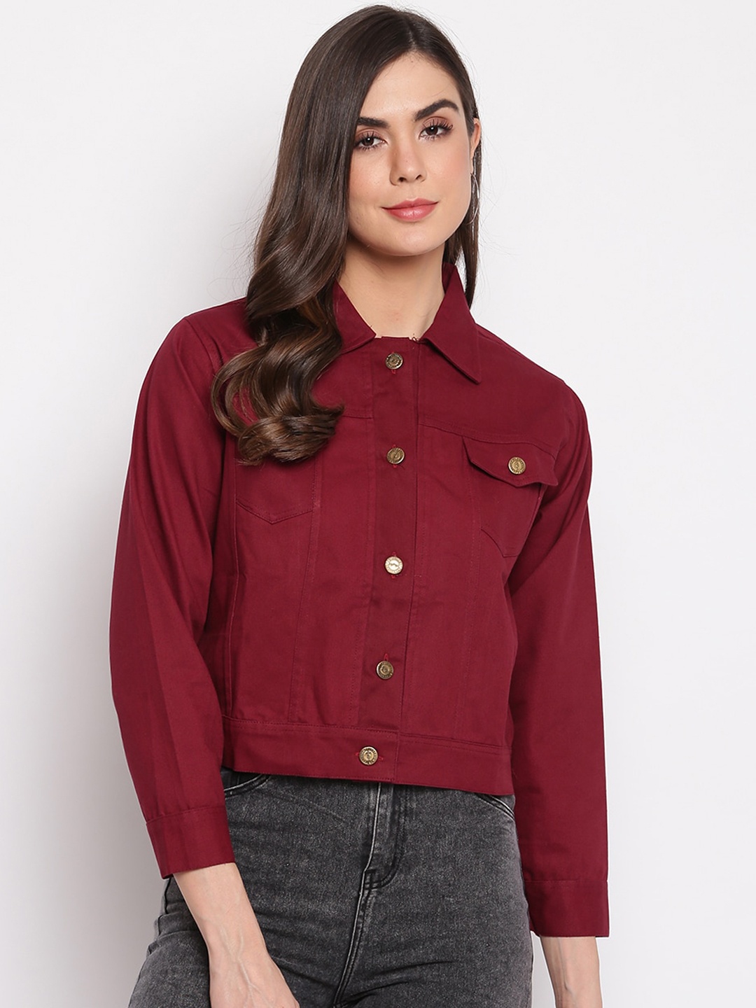 

Mayra Women Spread Collar Denim Jacket, Maroon