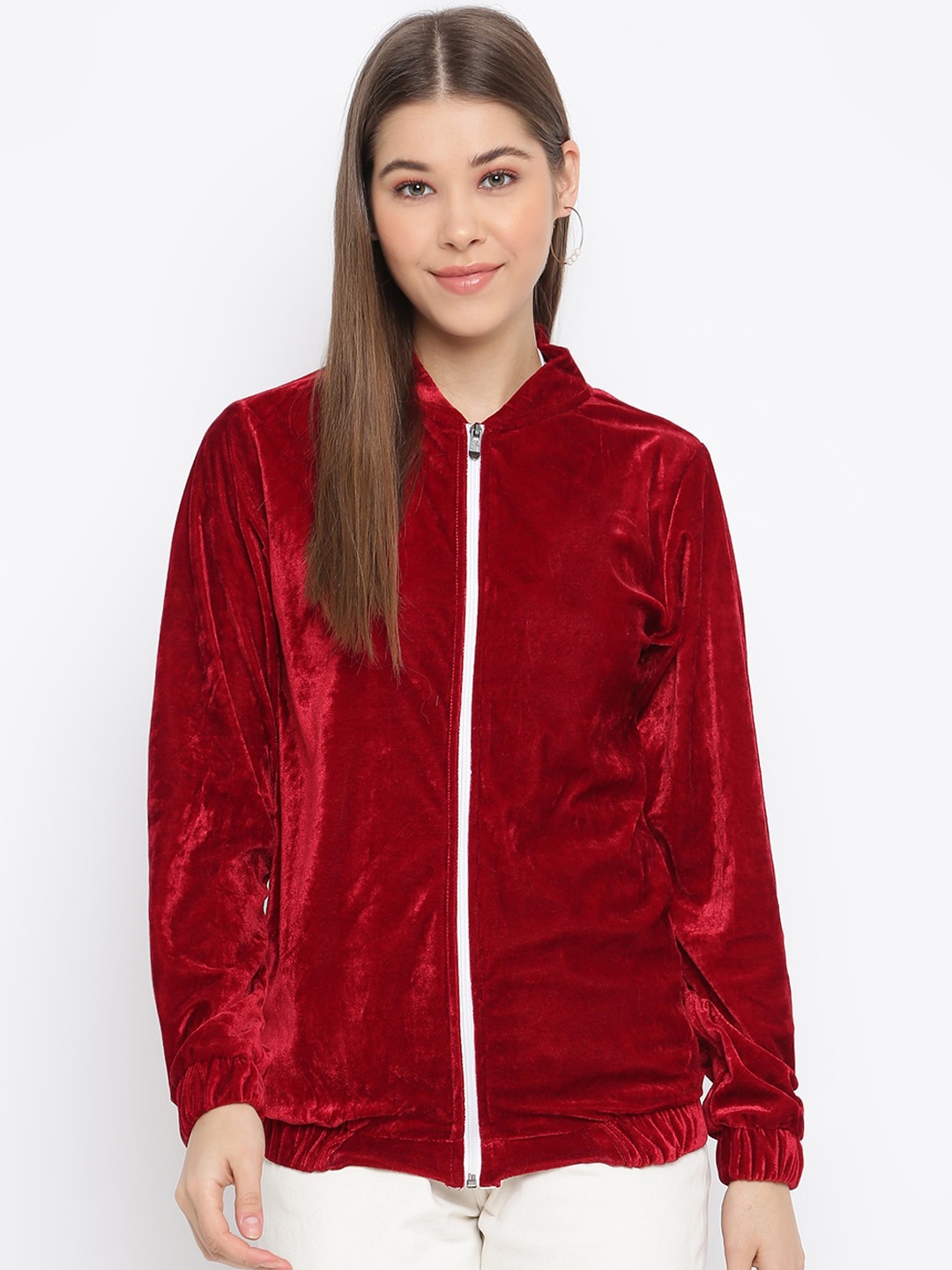 

Mayra Stand Collar Zip-Detail Velvet Tailored Jacket, Maroon