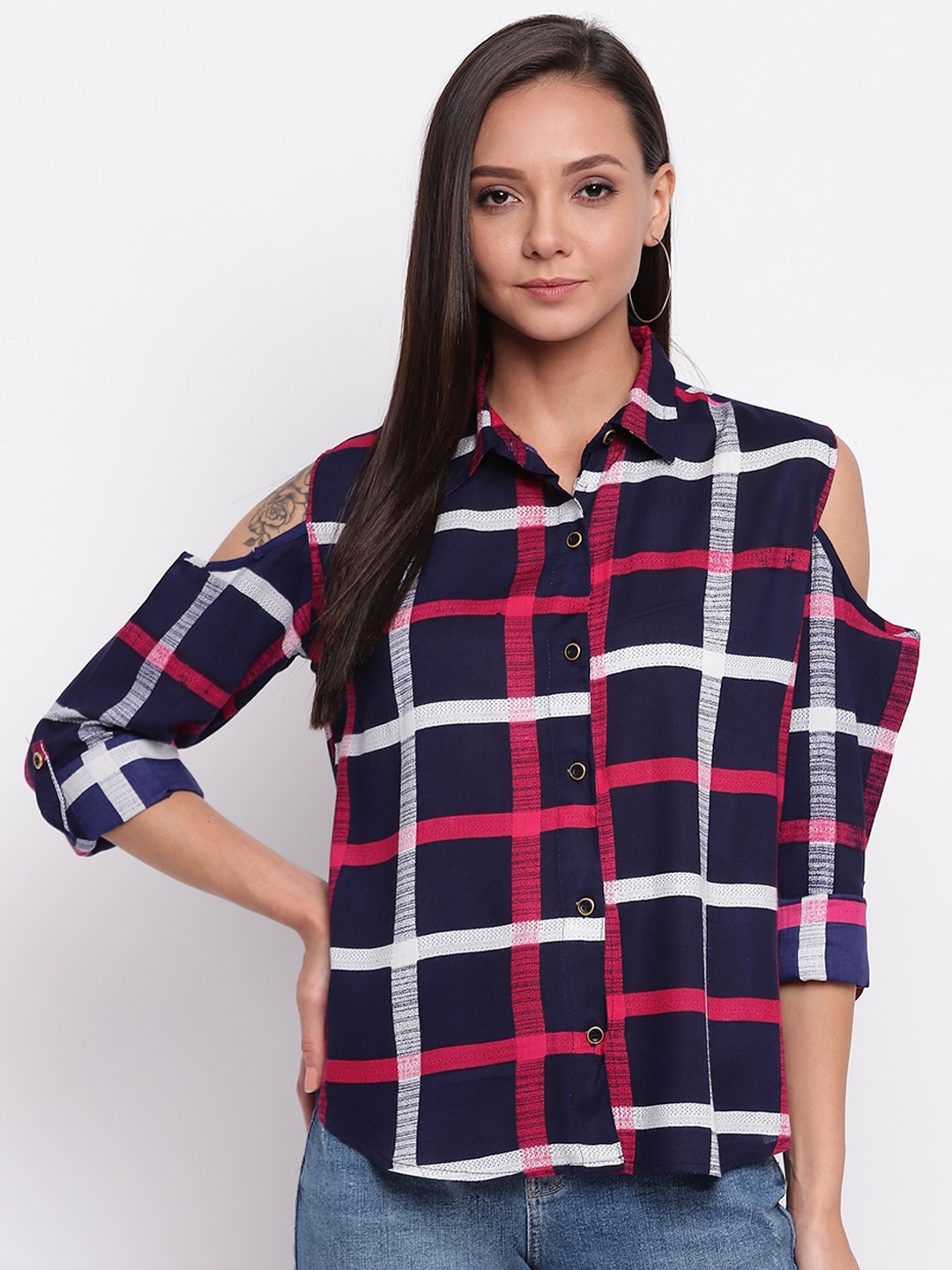 

Mayra Cold-Shoulder Sleeves Windowpane Checks Cotton Casual Shirt, Navy blue