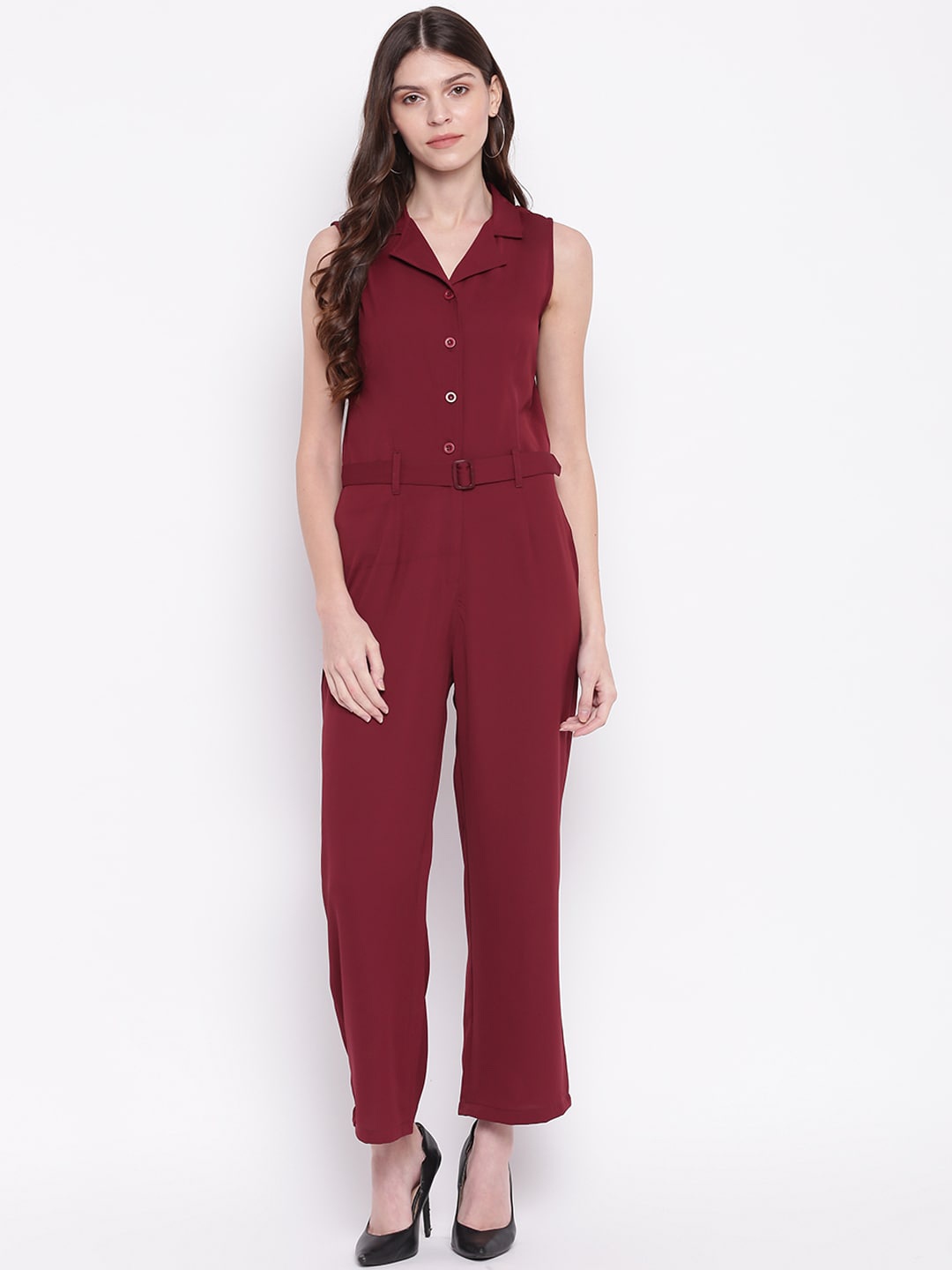 

Mayra Sleeveless Belted Basic Jumpsuit, Maroon