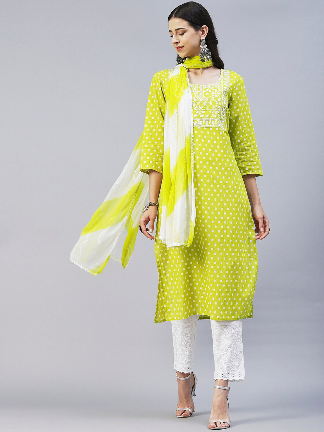 

FASHOR Ethnic Motifs Printed Chikankari Pure Cotton Kurta with Trousers & With Dupatta, Lime green