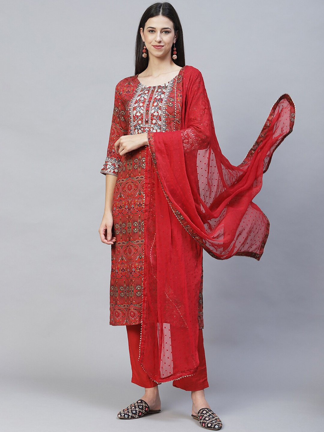 

FASHOR Ethnic Motifs Printed Mirror Work Kurta with Trousers & With Dupatta, Rust
