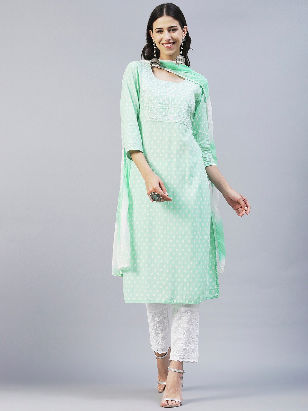 

FASHOR Ethnic Motifs Printed Thread Work Pure Cotton Kurta with Trousers & Dupatta, Green