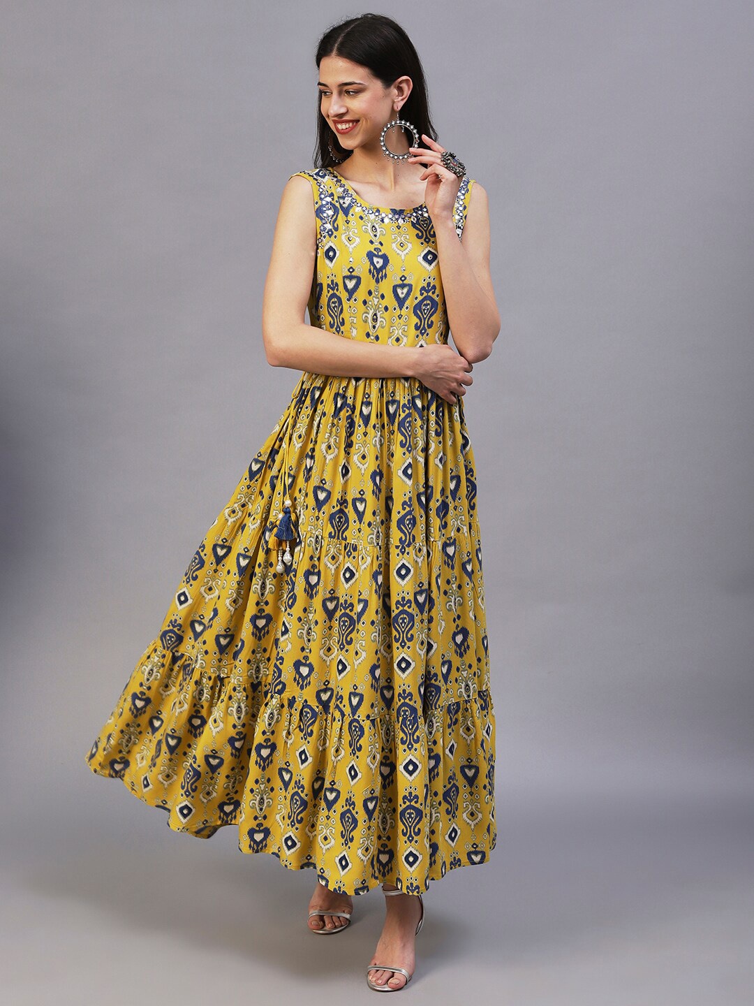 

FASHOR Ethnic Motifs Printed Tiered Fit & Flare Maxi Dress, Yellow