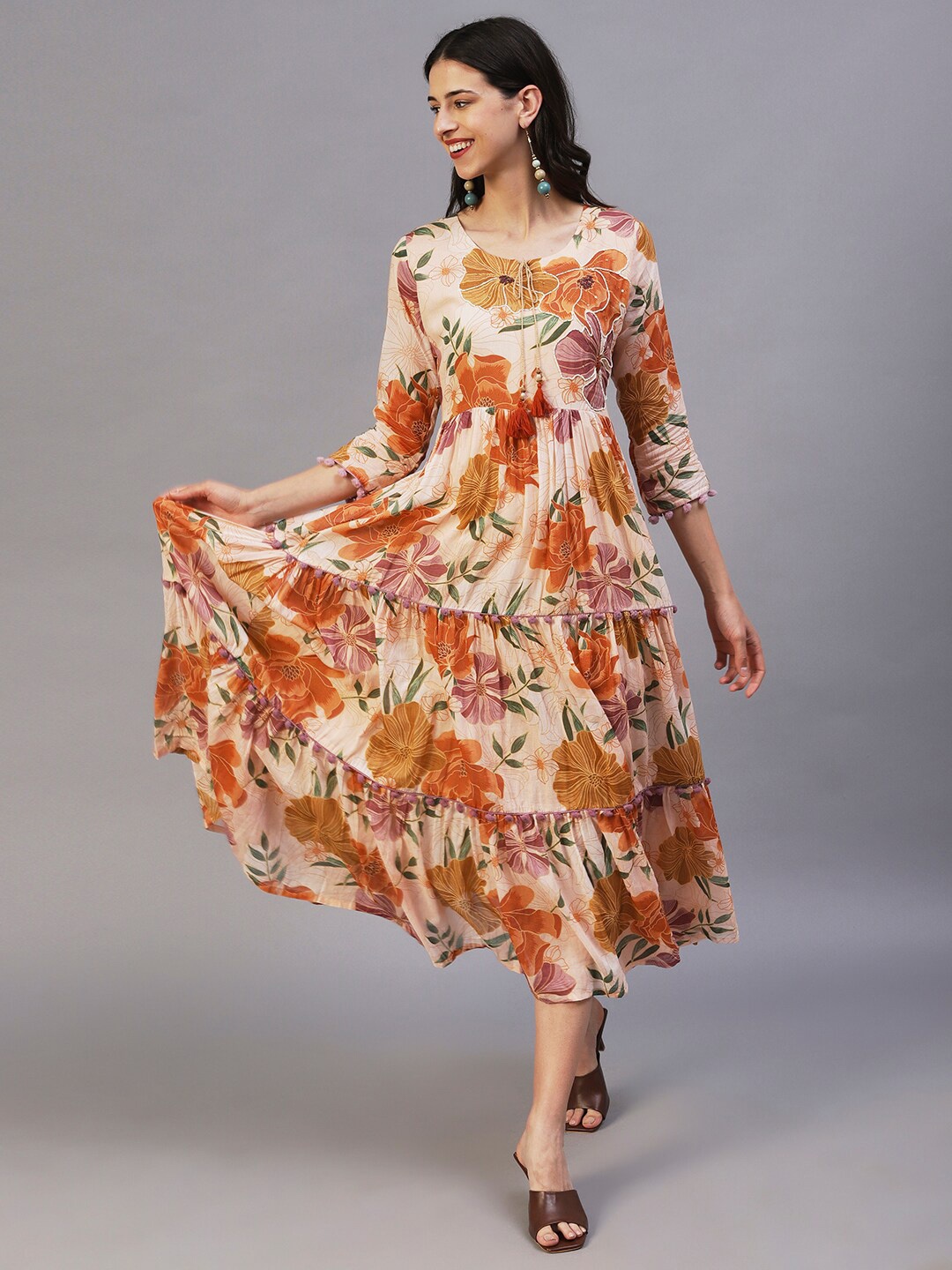 

FASHOR Floral Tie-Up Neck Tiered Cotton Fit & Flare Cotton Maxi Dress, Cream
