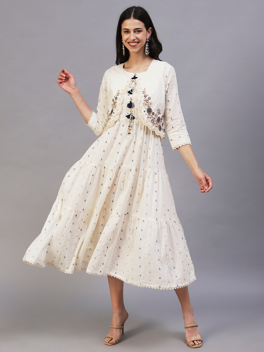 

FASHOR Ethnic Motifs Cotton Fit And Flare Midi Dress, Off white