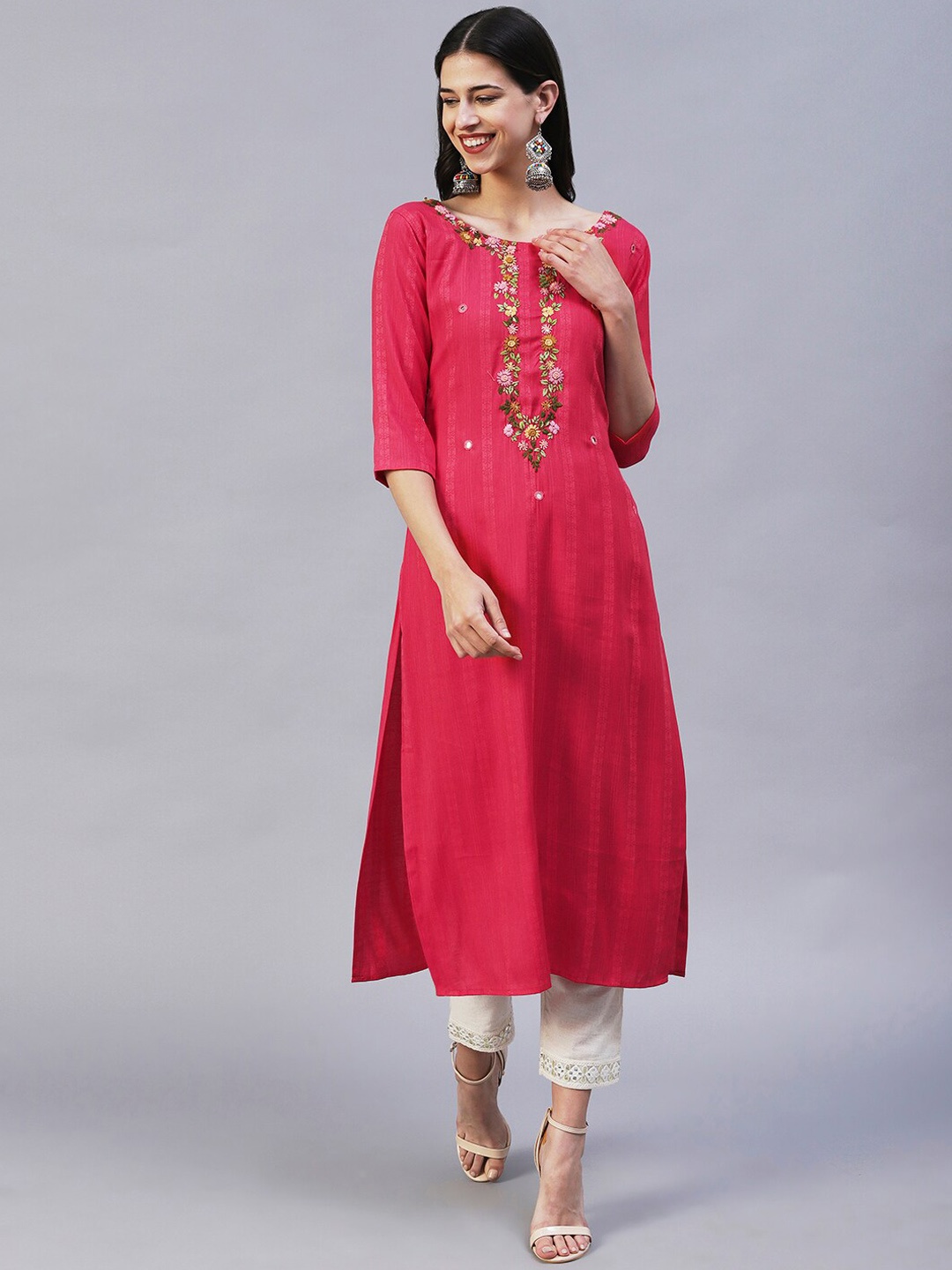 

FASHOR Women Pink Yoke Design Kurta
