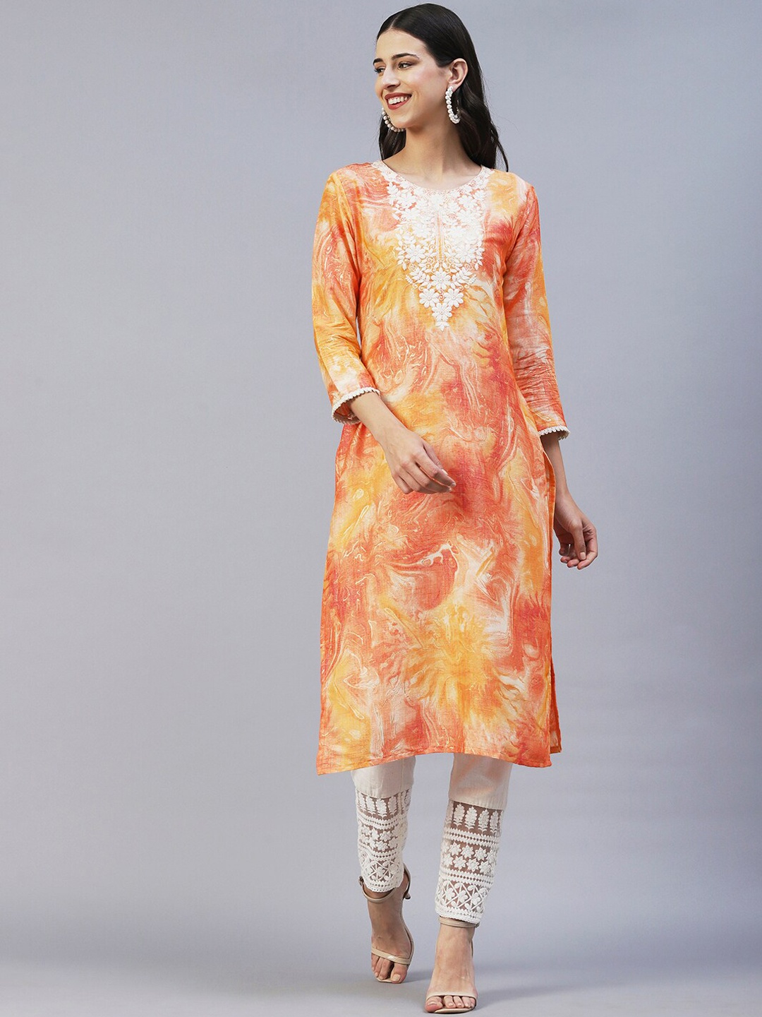 

FASHOR Abstract Yoke Design Kurta, Peach
