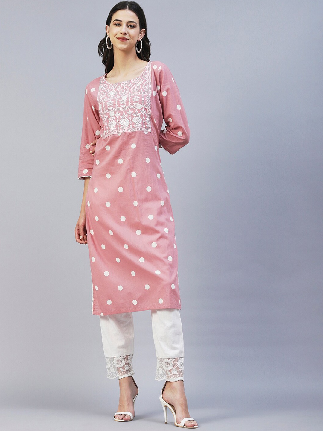 

FASHOR Polka Dots Yoke Design Pure Cotton Kurta, Pink