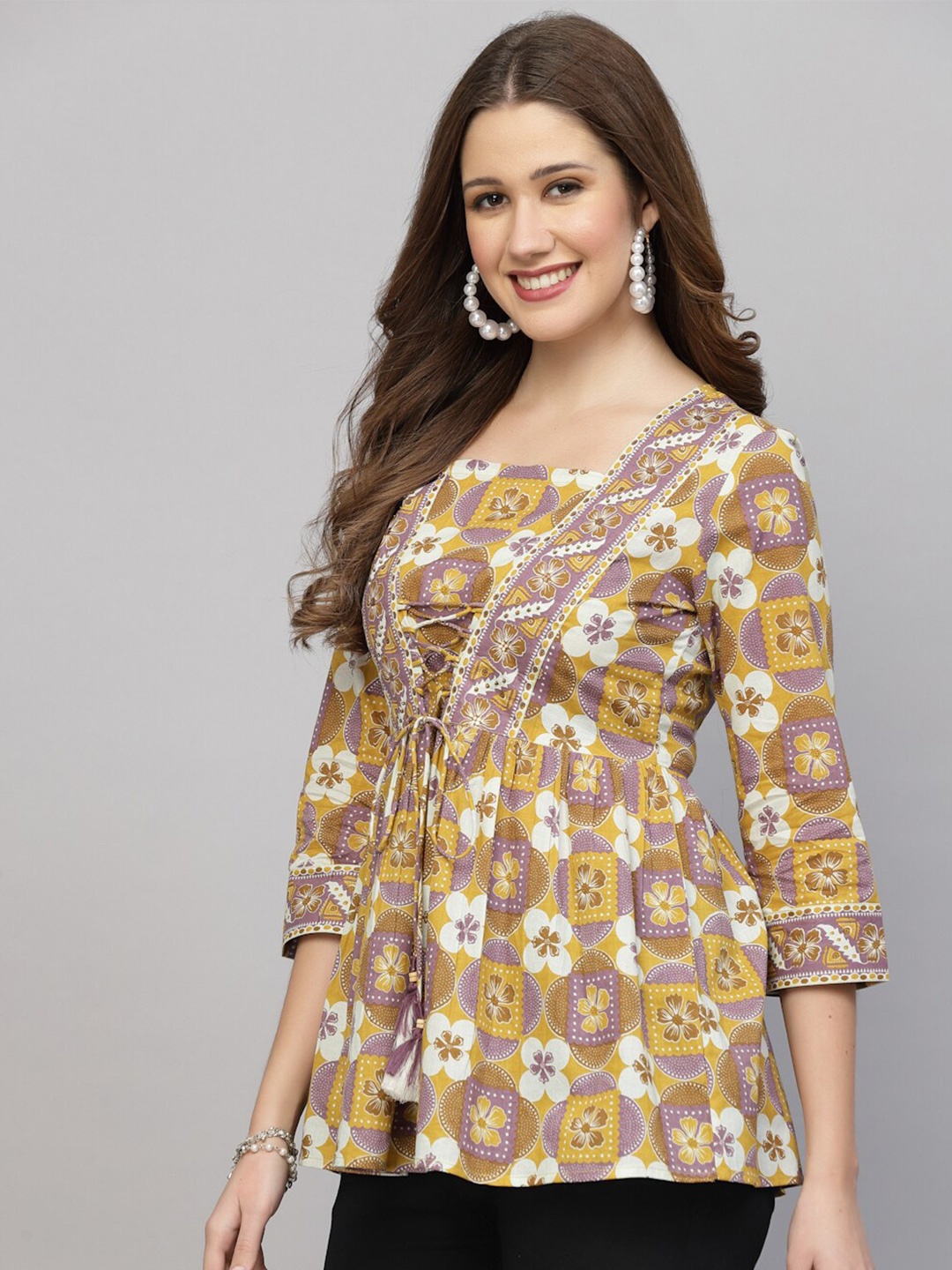 

QOMN Ethnic Printed Tie-Ups Pure Cotton Empire Top, Mustard