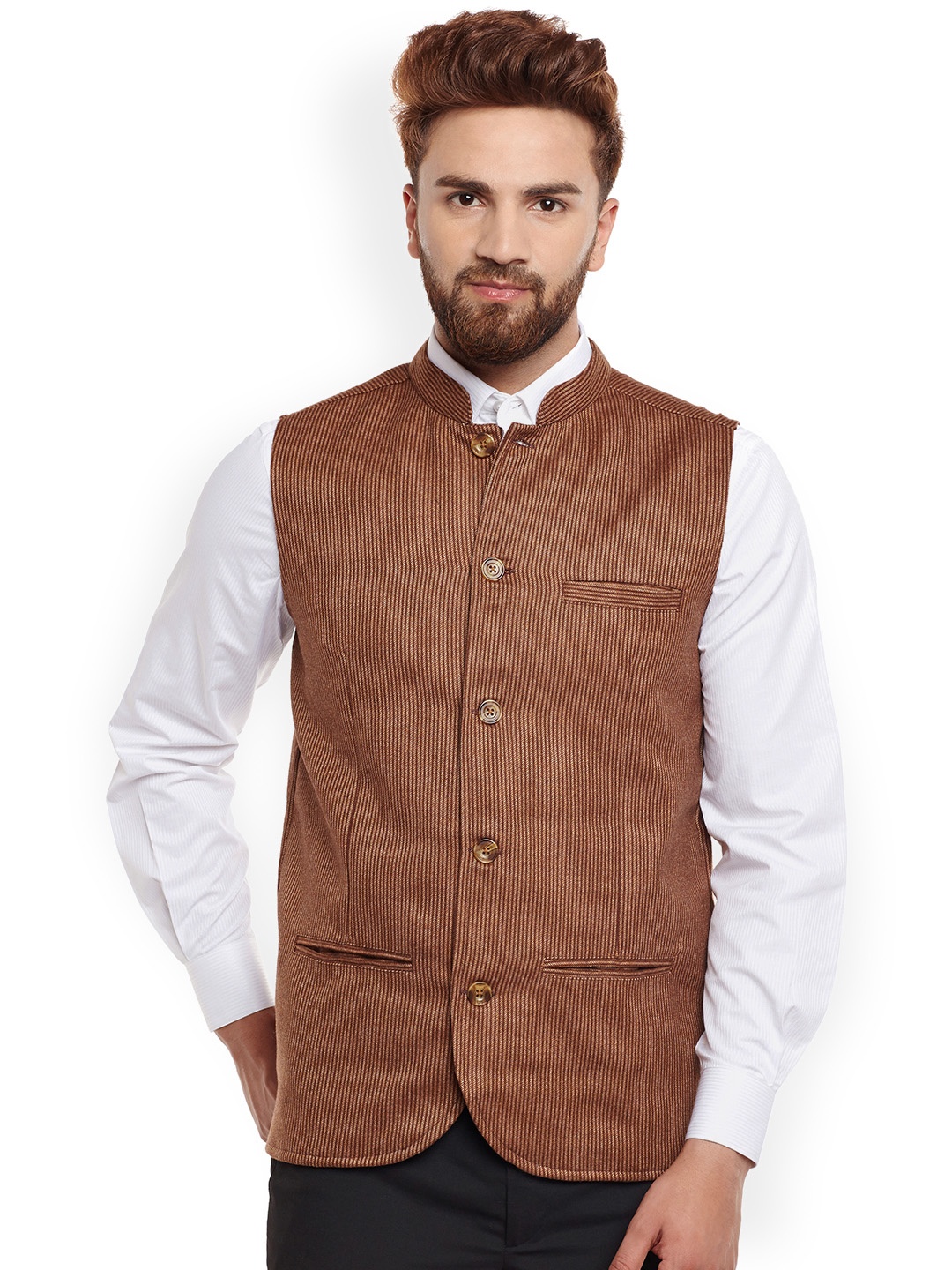 

even Men Brown Striped Woollen Nehru Jacket