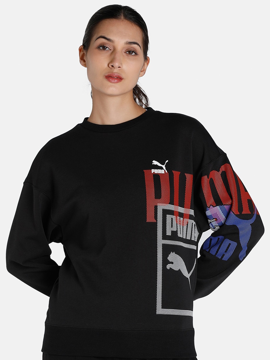 

Puma Women CLASSICS GEN, Graphic Printed Sustainable Sweatshirts, Black