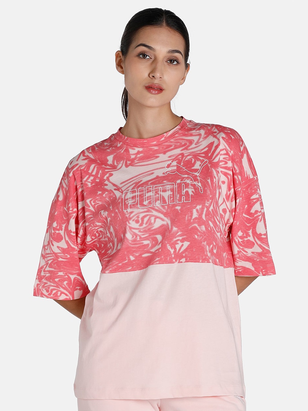 

Puma Women POWER Summer Printed Cotton Oversized Crop Top, Pink