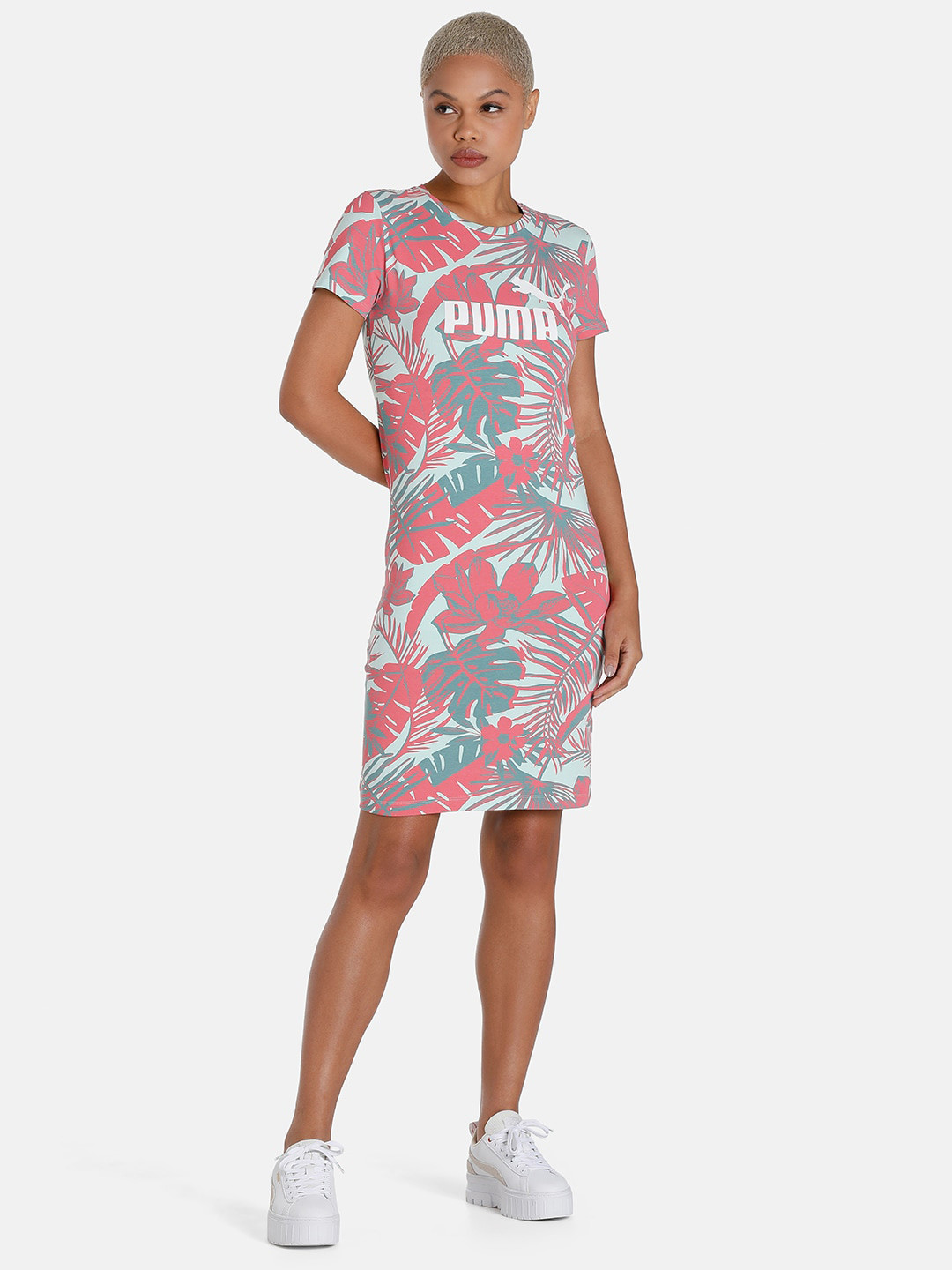 

Puma Women Essential+ FLOWER POWER Printed Cotton Slim Fit T-shirt Dress, Pink