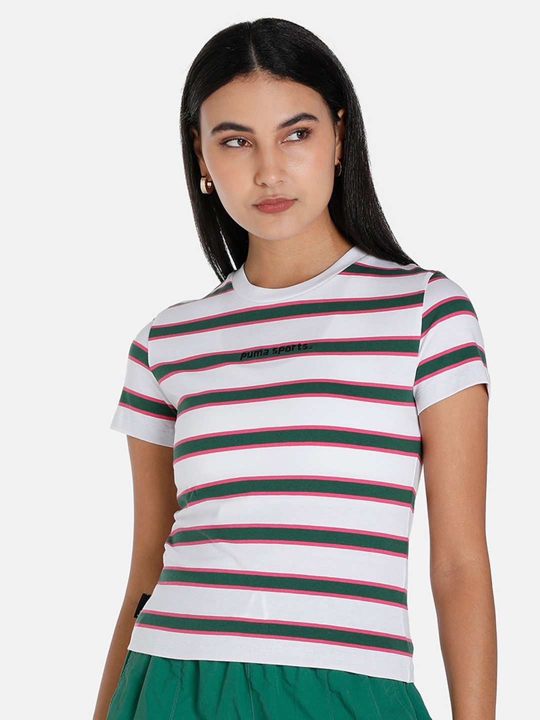 

Puma Women TEAM Striped Cotton Slim Fit T-shirt, White