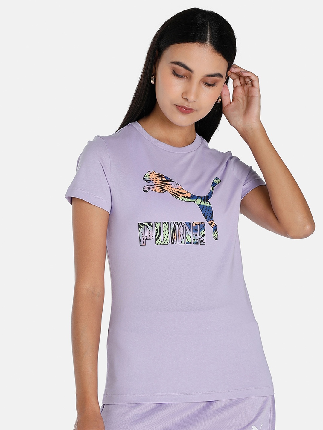 Puma CLASSICS Logo Infill Cotton Regular Fit T-Shirts, Violet