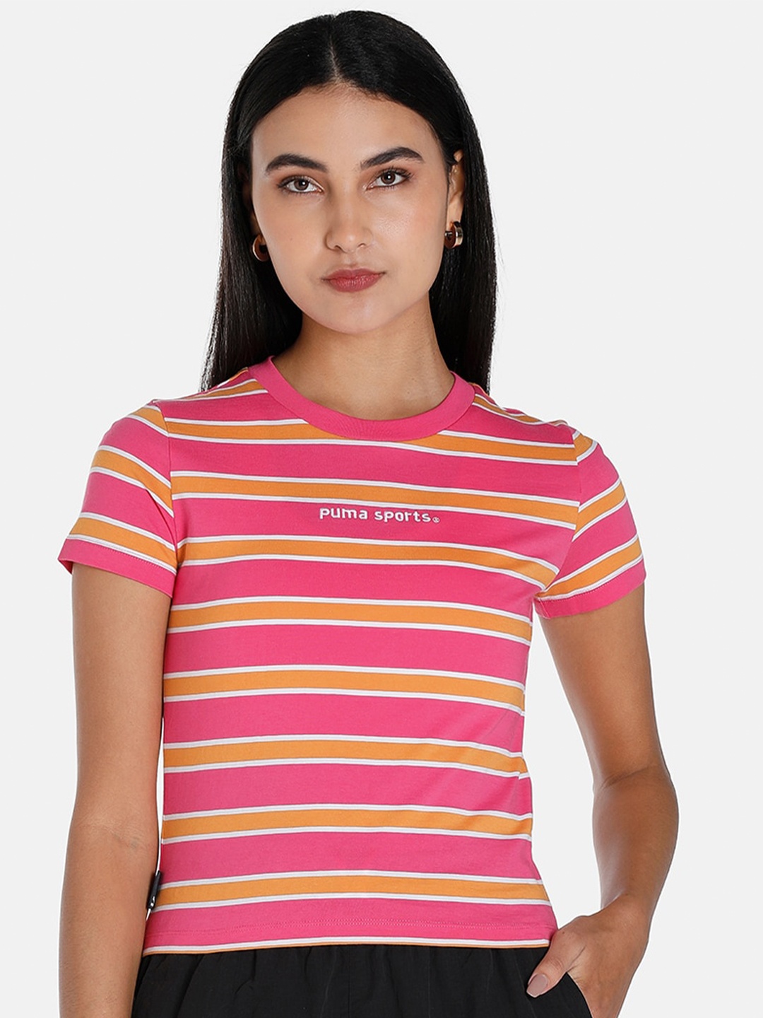 

Puma TEAM Striped Slim-Fit Cotton T-Shirt, Pink