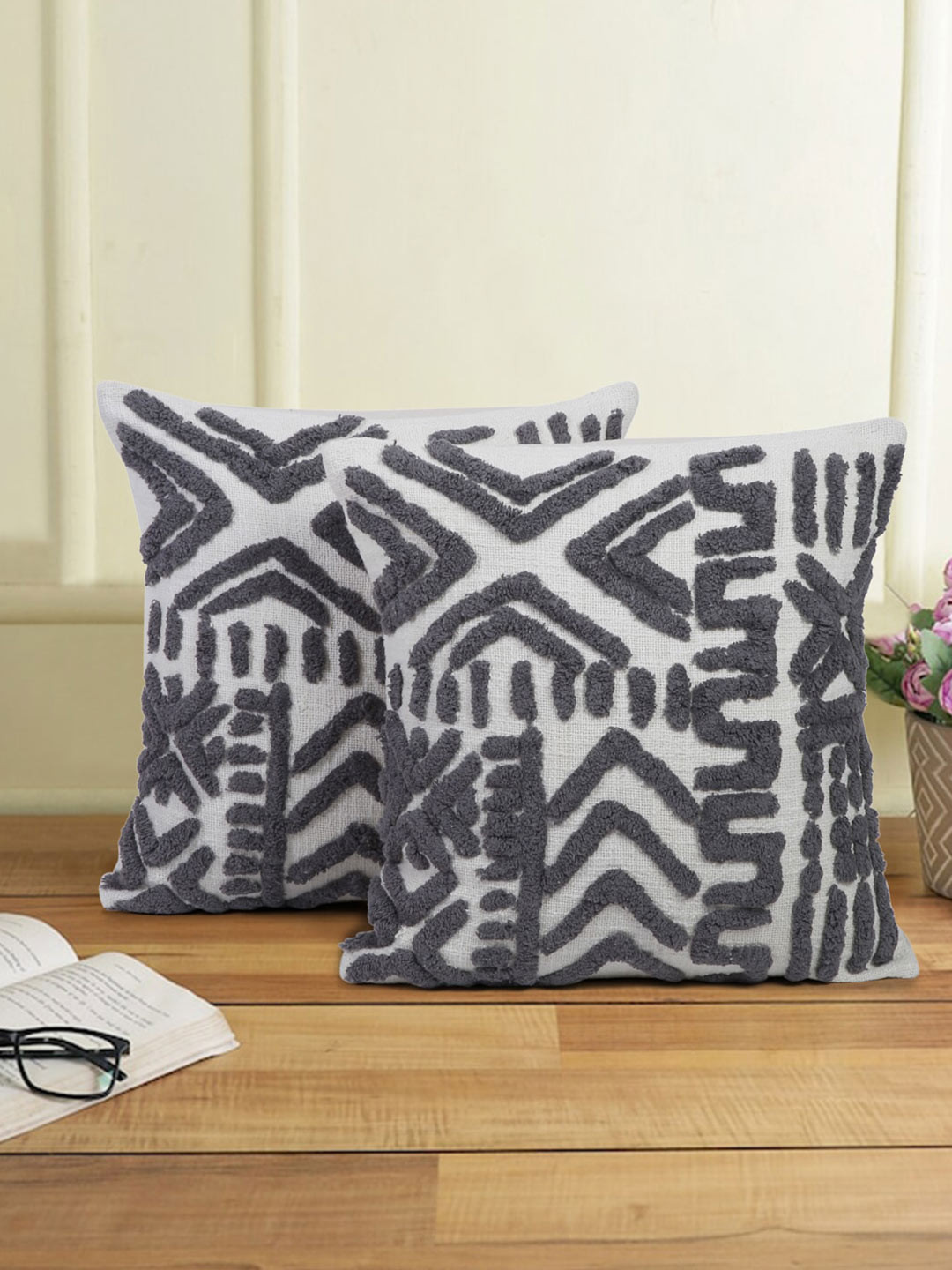 

eyda White & Grey 2 Pcs Tufted Textured Self Design Cotton Square Cushion Covers