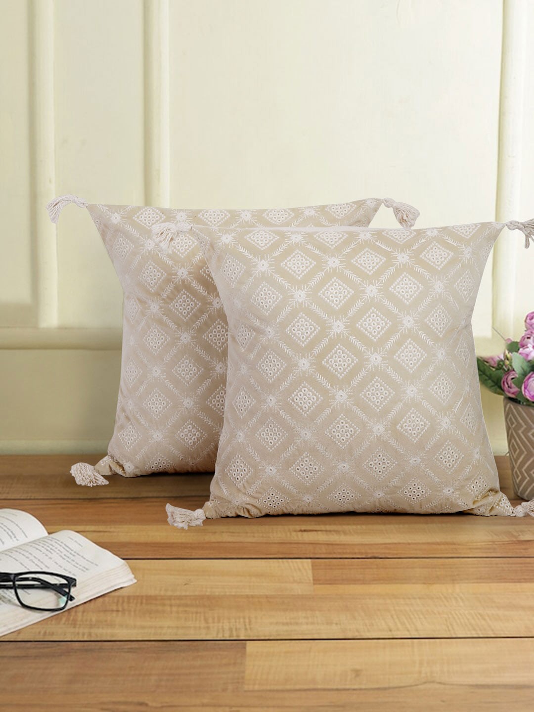 

eyda Off White & Beige 2-Pieces Embroidered Velvet Square Cushion Covers