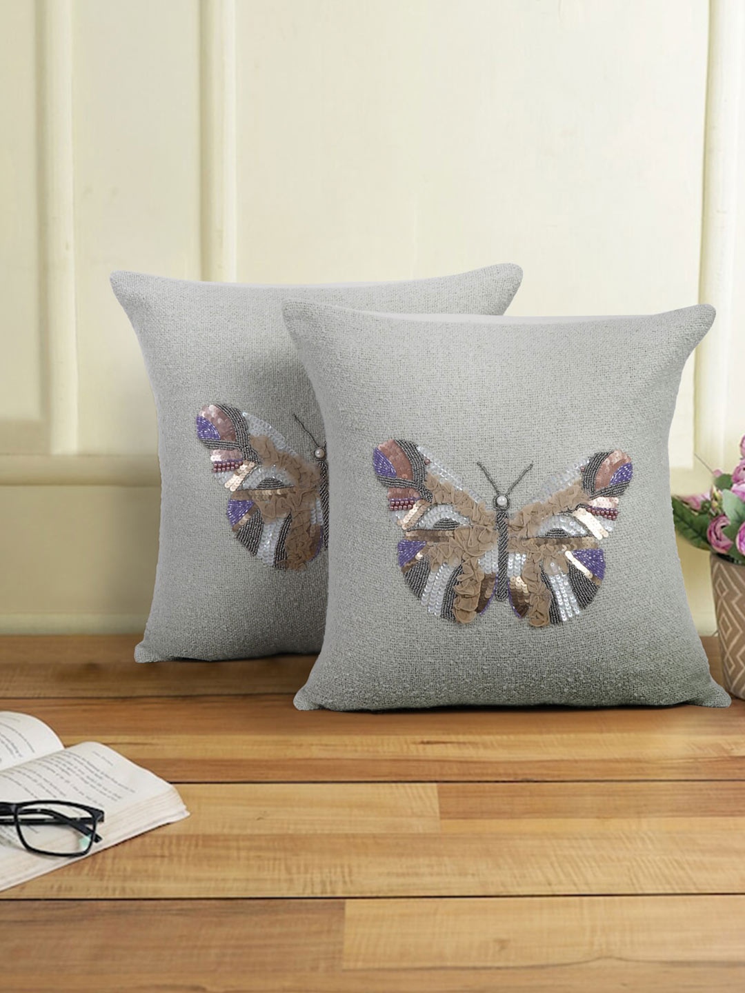 

eyda Grey & Beige 2 Pcs Embroidered & Embellished Cotton Square Cushion Covers