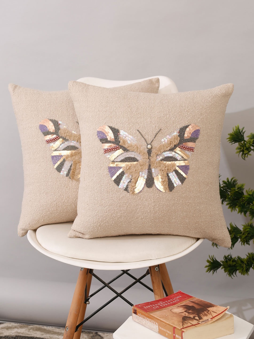 

eyda Beige & Lavender 2 Pieces Embellished Cotton Square Cushion Covers