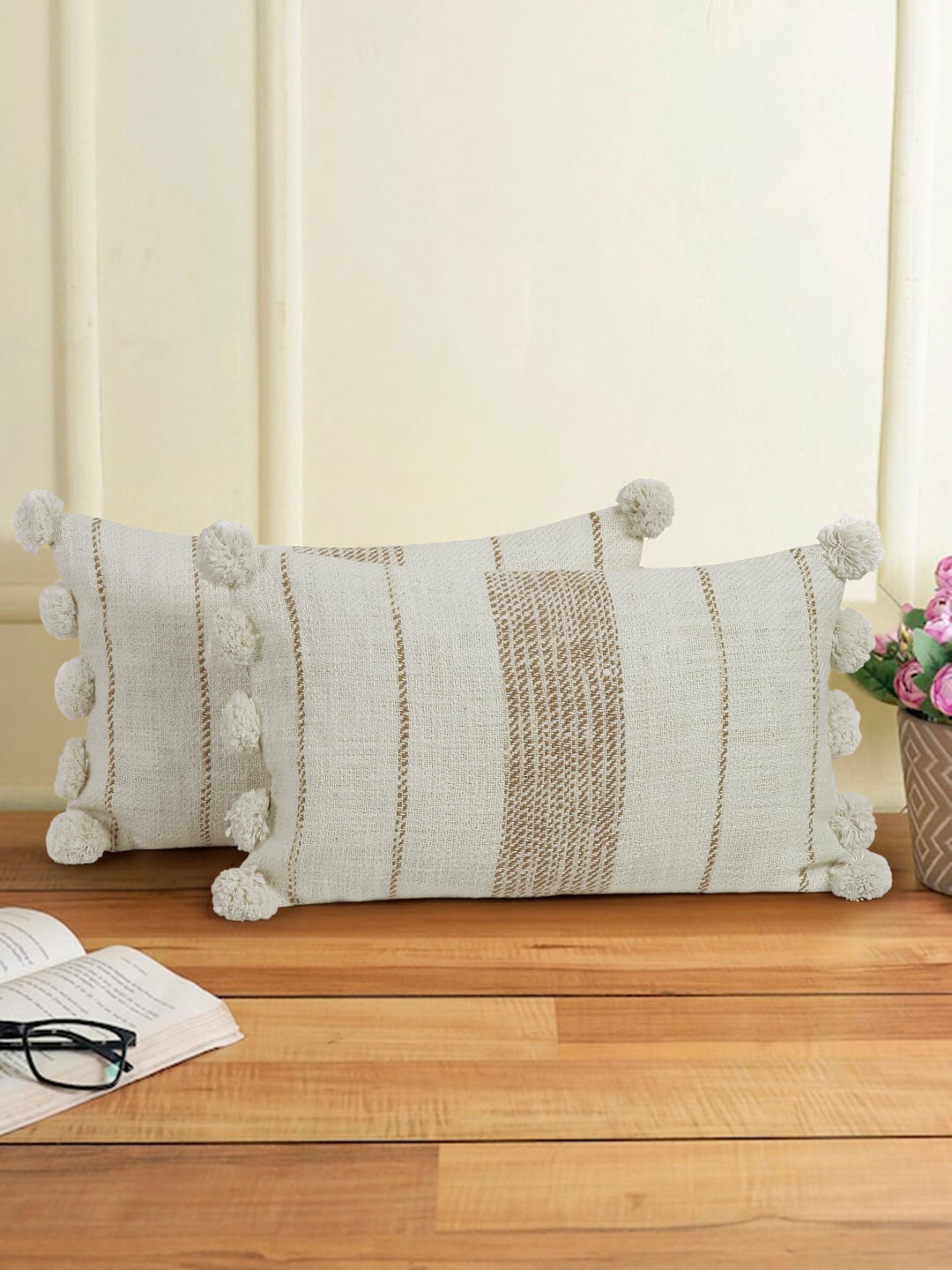 

eyda White & Brown 2-Pieces Striped Pure Cotton Rectangle Cushion Covers