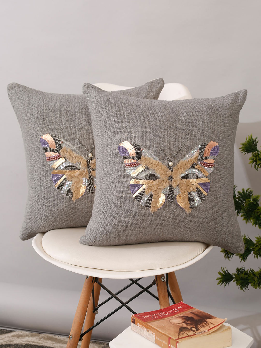 

eyda Grey & Gold-Toned 2 Pcs Embellished & Embroidered Square Cushion Covers