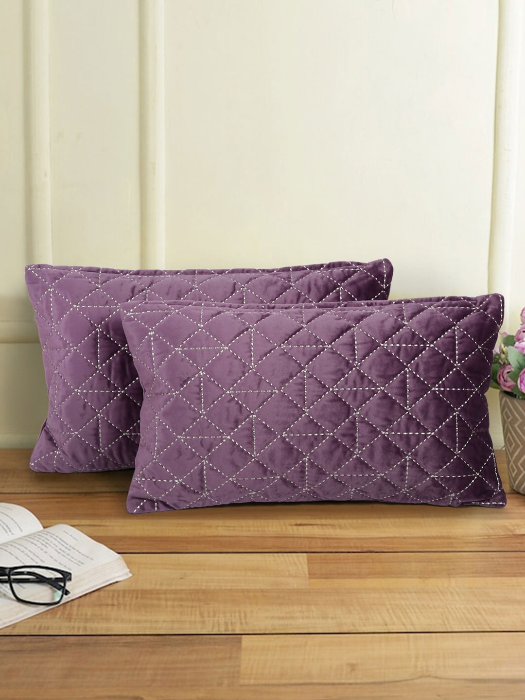 

eyda Mauve & White 2 Pcs Embroidered Velvet Rectangle Cushion Covers