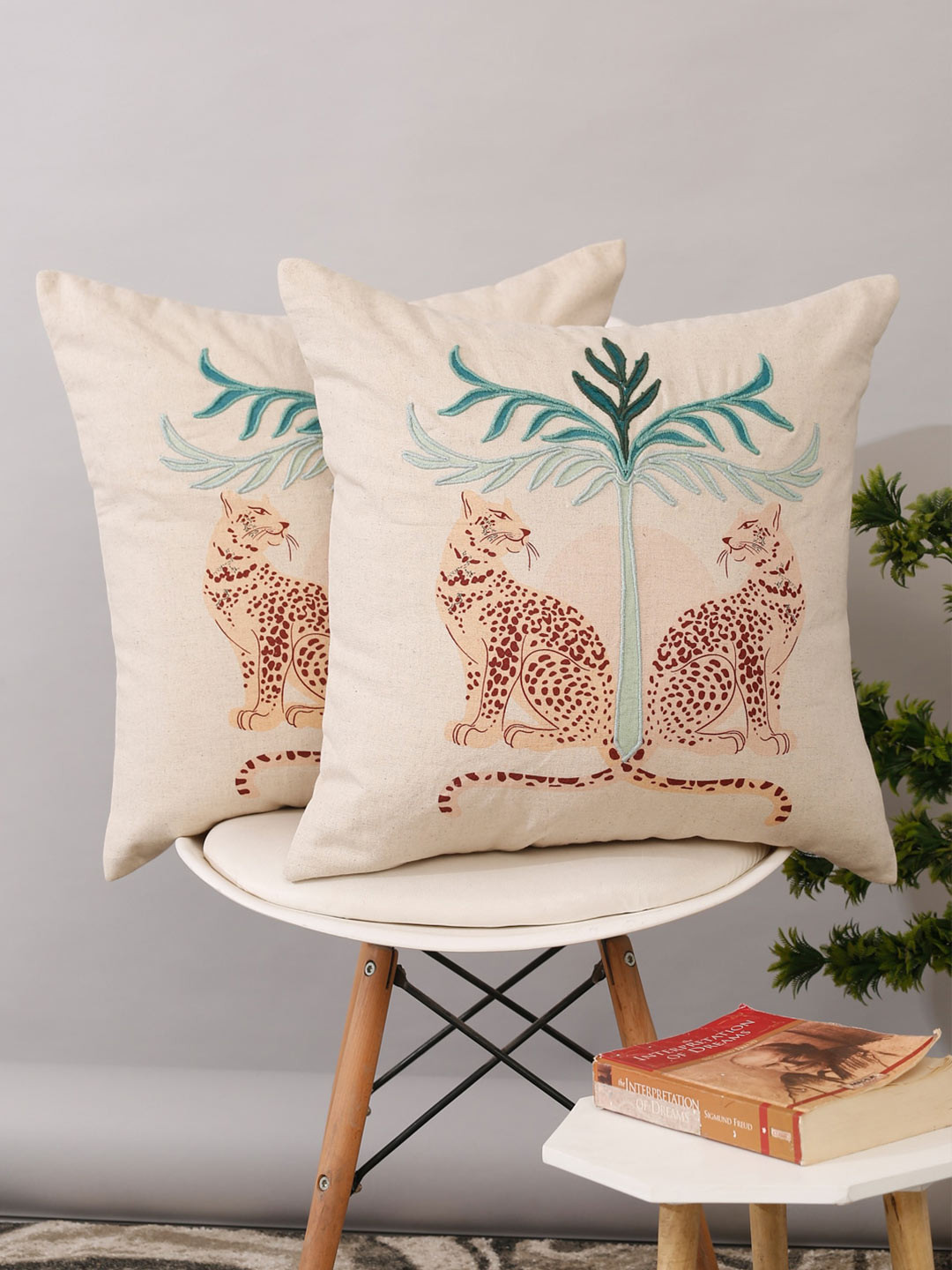 

eyda Off White & Teal 2-Pieces Quirky Pure Cotton Square Cushion Covers