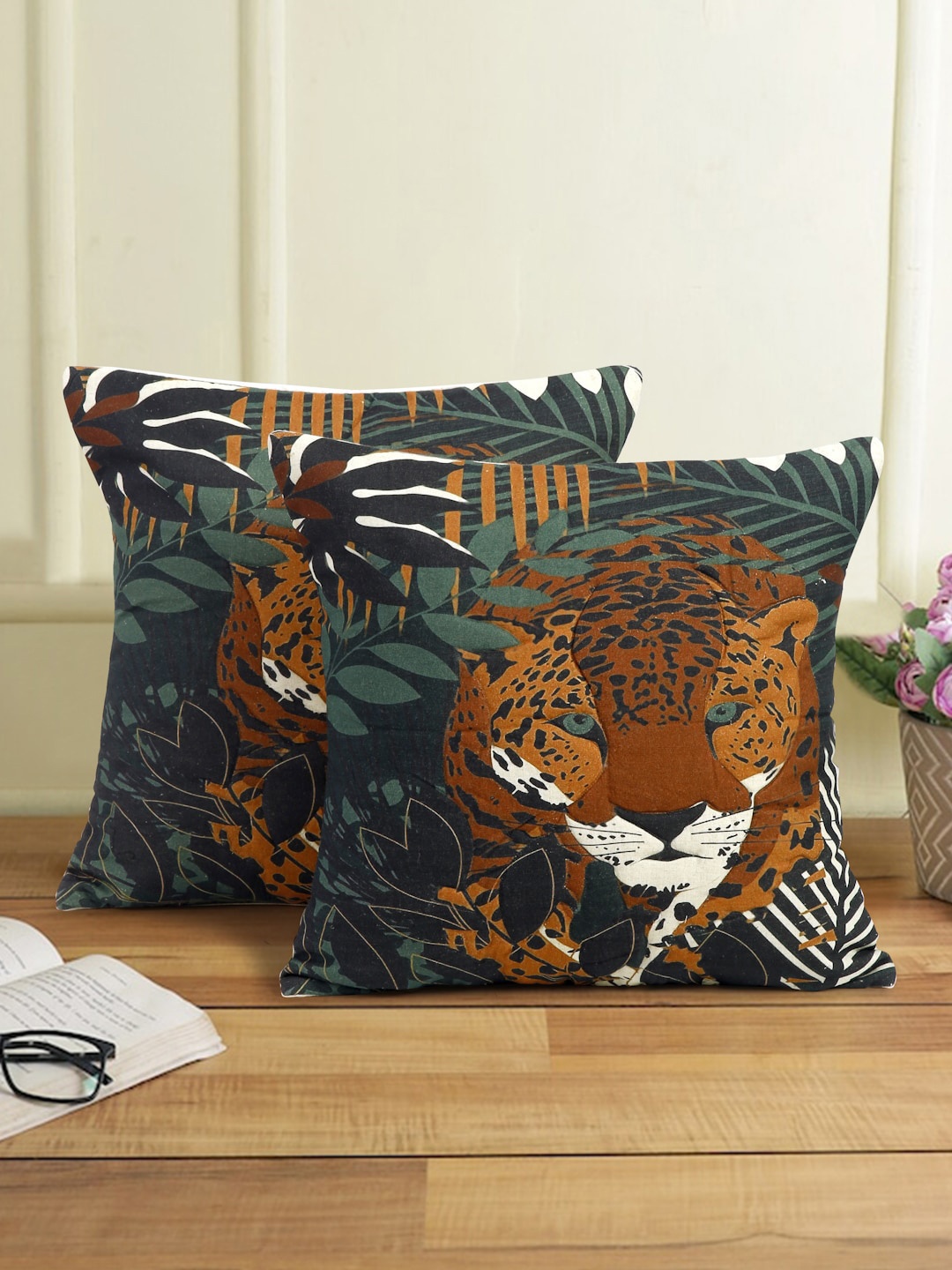 

eyda Green & Brown 2 Pcs Digital Printed Cotton Square Cushion Covers