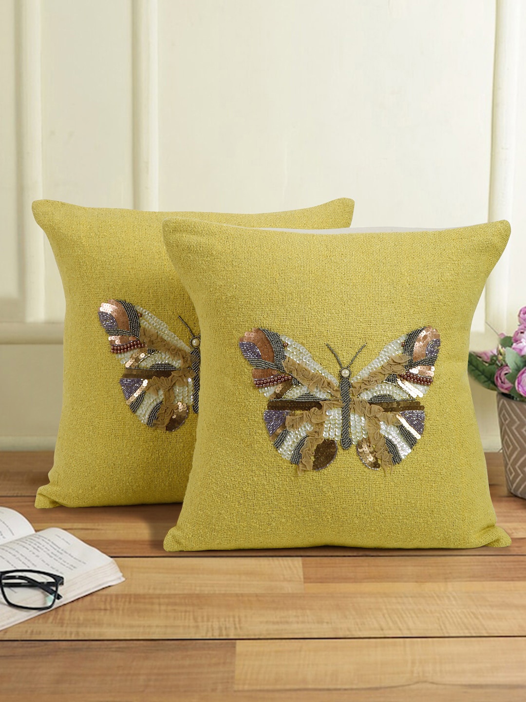 

eyda Yellow & Gold-Toned 2 Pcs Embellished Cotton Square Cushion Covers