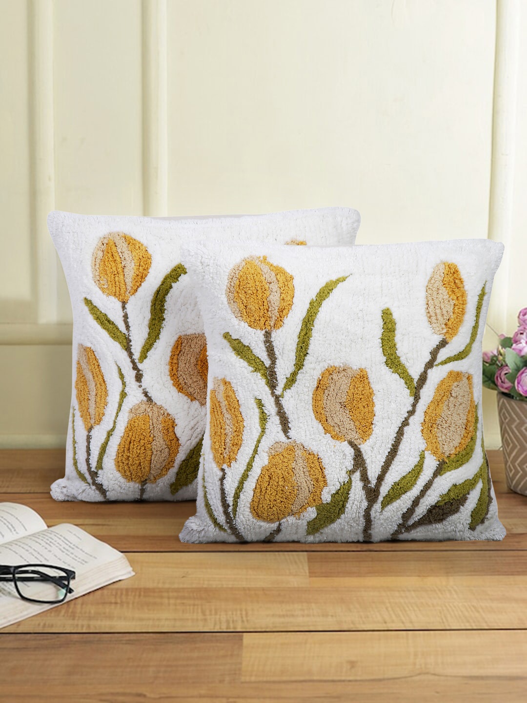 

eyda White & Yellow 2 Pcs Floral Self Design Textured Cotton Square Cushion Covers