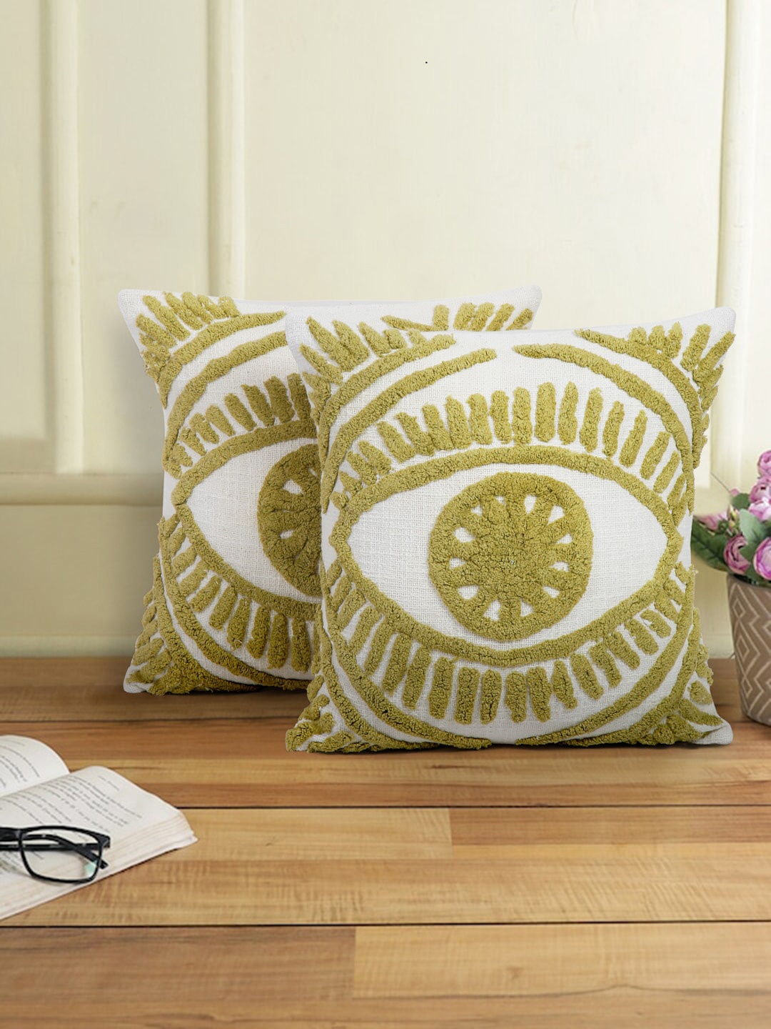 

eyda White & Olive Green 2 Pcs Tufted Textured Embroidered Cotton Square Cushion Covers