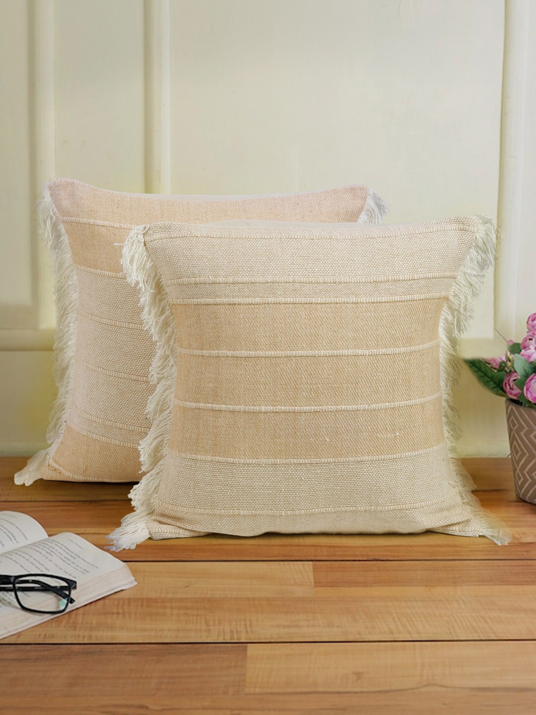

eyda Beige 2 Pcs Self Design Striped Textured Cotton Square Cushion Covers