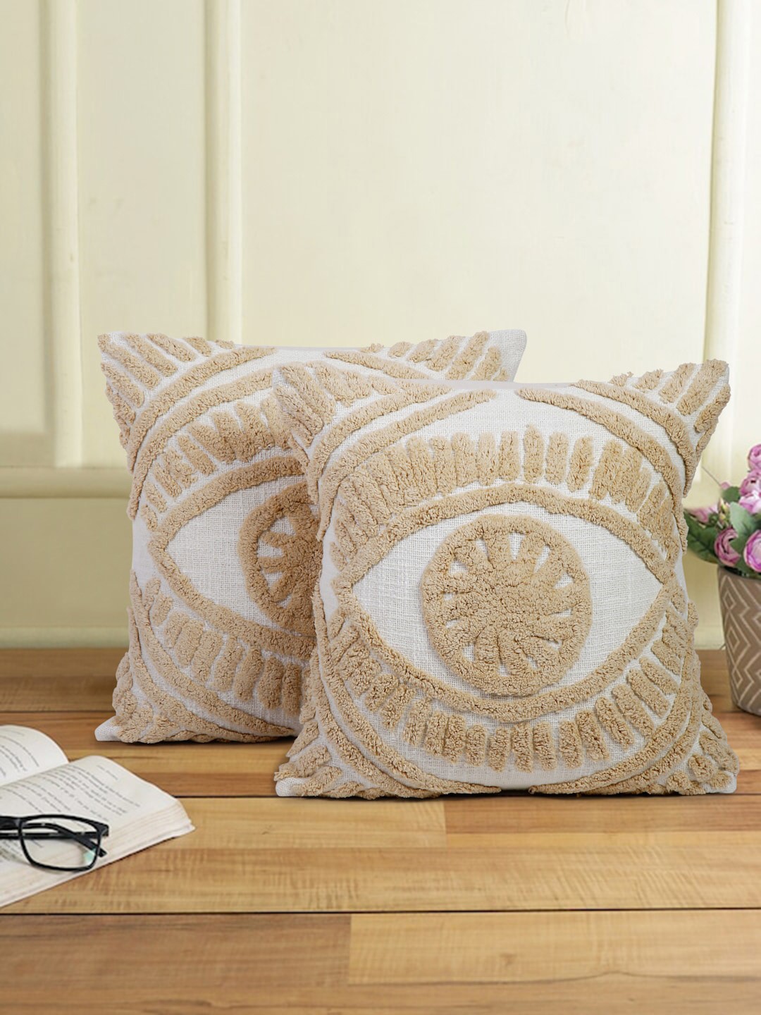 

eyda White & Beige 2 Pcs Tufted Textured Embroidered Cotton Square Cushion Covers