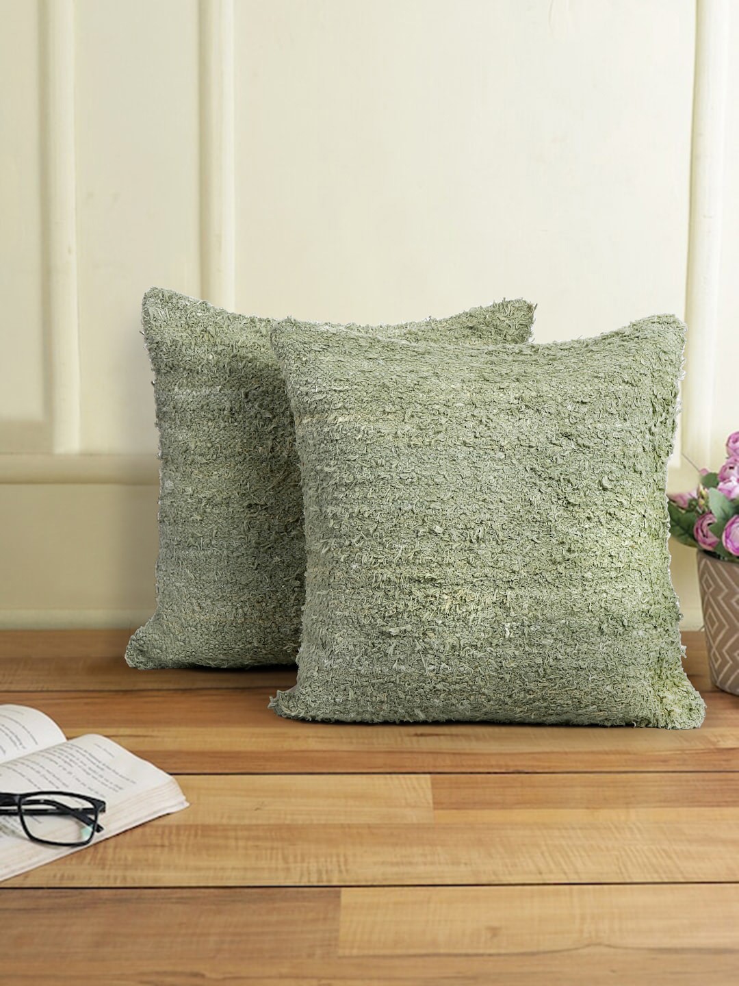 

eyda Green 2 Pcs Self Design Textured Cotton Square Cushion Covers