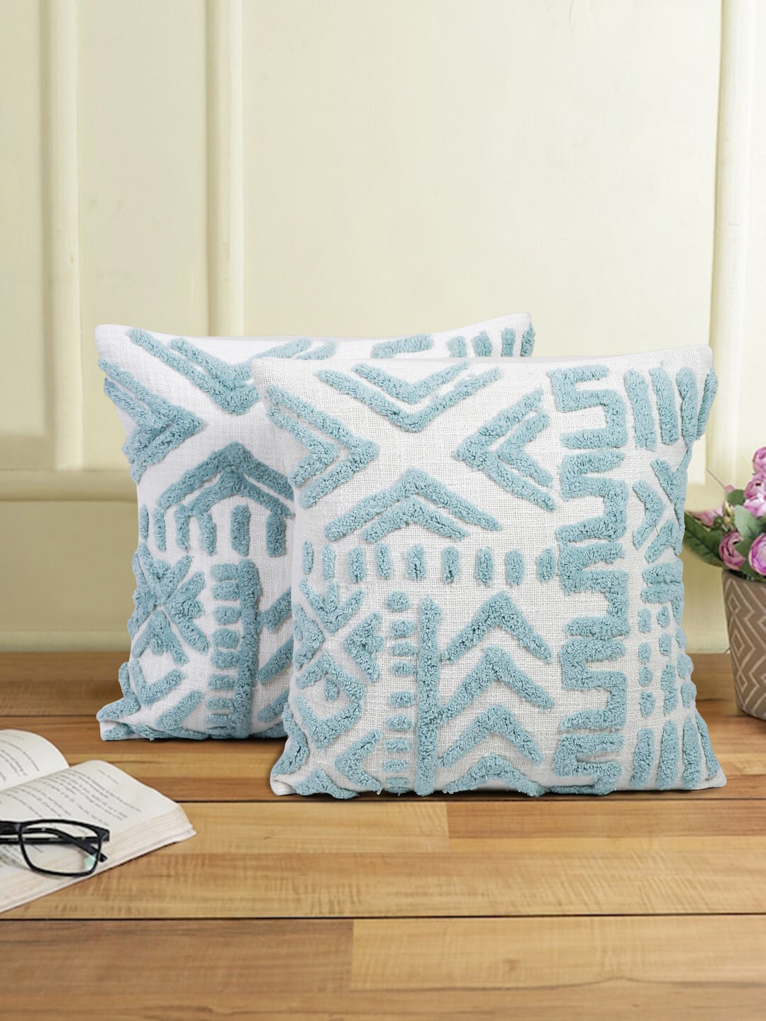 

eyda White & Turquoise Blue 2 Pcs Embroidered Cotton Square Cushion Covers