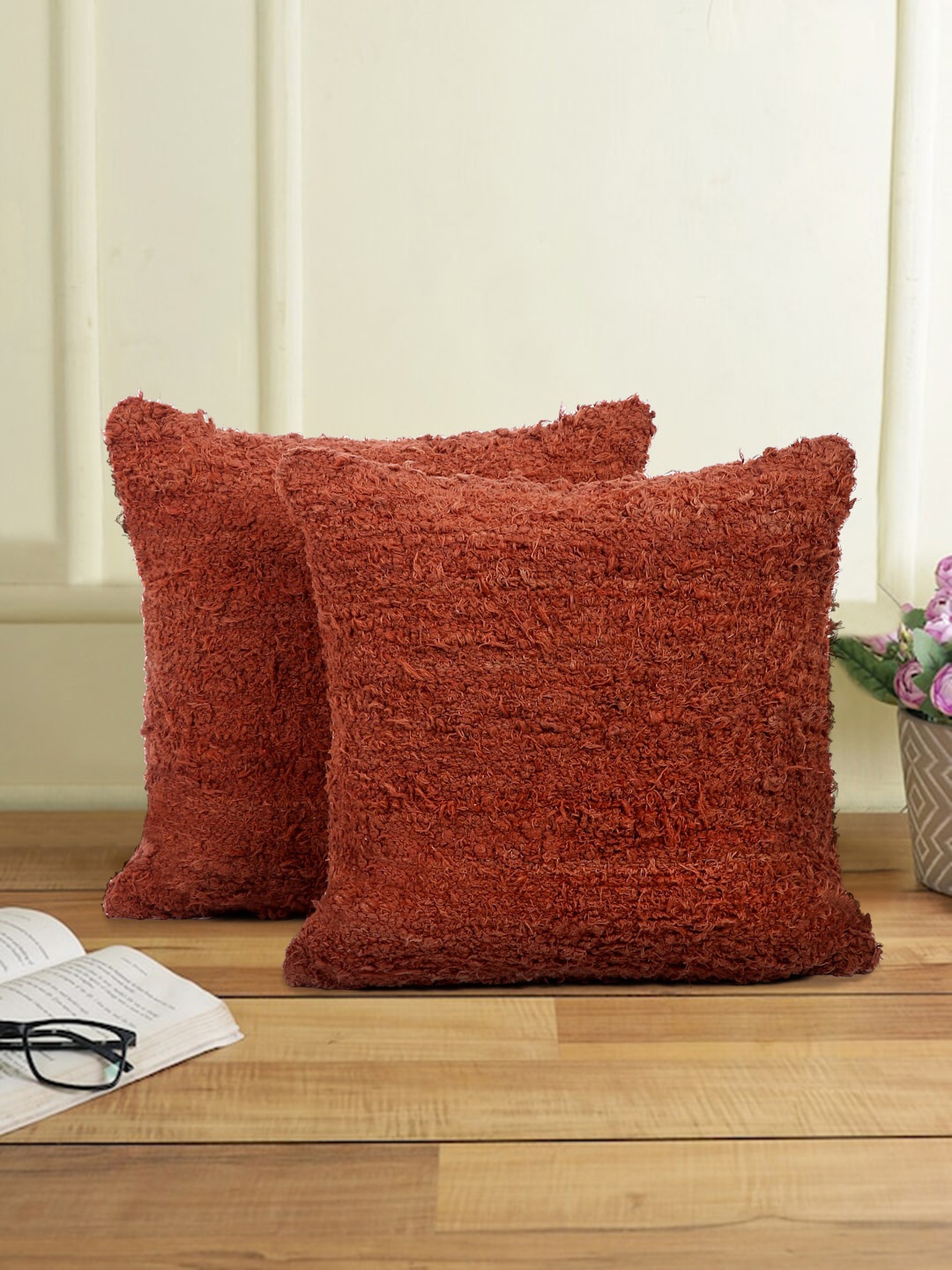 

eyda Red 2 Pcs Self Design Textured Cotton Square Cushion Covers