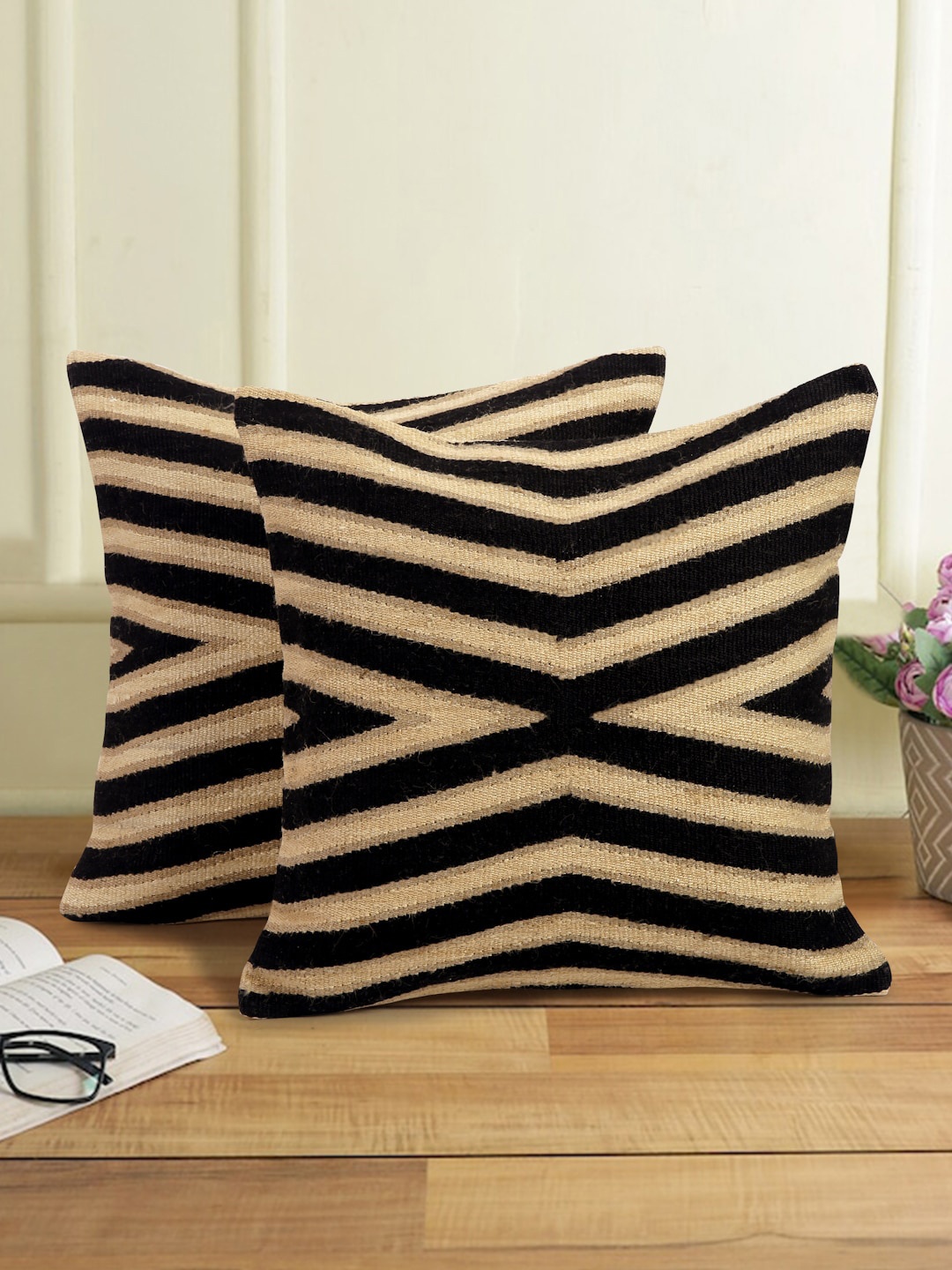 

eyda Beige & Black 2 Pcs Woven Self Design Textured Cotton Square Cushion Covers