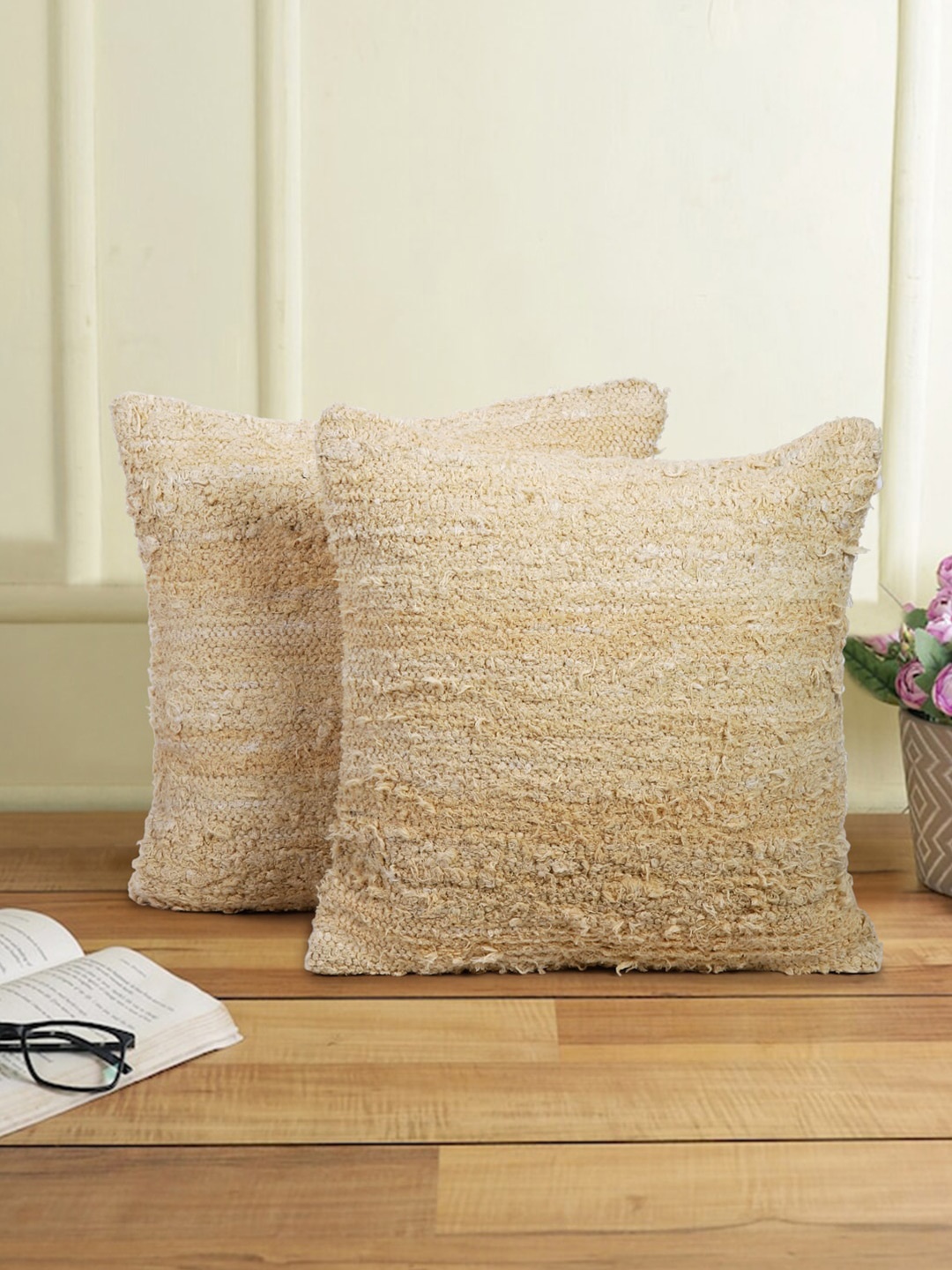 

eyda Beige & White 2 Pcs Self Design Textured Cotton Square Cushion Covers
