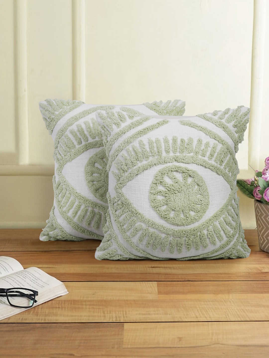 

eyda White & Green 2 Pieces Self Design Cotton Square Cushion Covers